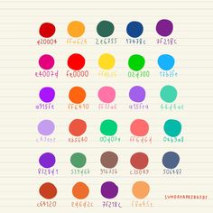 the color chart for each type of paint, including different colors and numbers on lined paper