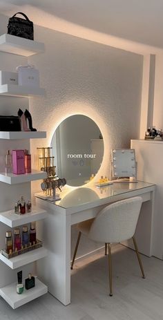 a white desk topped with a mirror next to a shelf filled with bottles and cosmetics