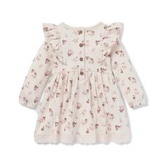 Dreamy and enchanting, our Berry ruffle dress is beautifully soft and features gorgeous ruffles on the shoulders and skirt. With faux wooden buttons down the back, a gathered skirt and sleeves with elasticised cuffs, this dress is cosy to wear and can be dressed up or down! Crafted from organic cotton for luxurious softness and comfort. Thoughtful details include the hand illustrated watercolor berry print and ruffles and crochet lace trim. 100% organic cotton Reinforced stitching for durability. Ethically and sustainably made in India. Cute Long Sleeve Dresses With Ruffles, Cute Long Sleeve Dress With Ruffles, Cotton Dresses With Lace Trim And Ruffle Sleeve, Cotton Dress With Lace Trim And Ruffle Sleeves, Pink Long Sleeve Dress With Ruffles For Fall, Cute Dresses With Ruffle Hem And Ruffled Collar, Cute Dresses With Ruffle Hem And Sleeve, Cute Ruffle Sleeve Dress With Smocked Back, Cute Dress With Smocked Back And Ruffle Sleeve