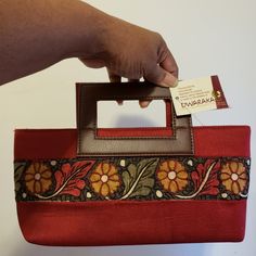 Eco- Friendly Hand Painted Product Made Mainly With Natural Dyes By Artisans Of Dwaraka Plus In India. Traditional Rectangular Everyday Bag, Traditional Everyday Rectangular Bag, Traditional Top Handle Bag As Gift, Traditional Top Handle Bags As Gifts, Handmade Brown Rectangular Canvas Bag, Traditional Beige Bags For Daily Use, Traditional Rectangular Bag With Handles, Traditional Rectangular Bags With Handles, Traditional Red Bags With Handles