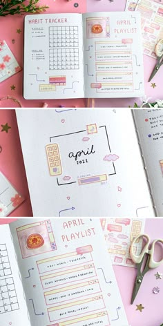 the inside pages of an open planner book with scissors and other items on pink background