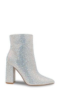 Sparkling crystals add undeniable glamour to a pointy-toe bootie lifted by a bold block heel. 3 1/4" heel 6" shaft Side zip closure Cushioned footbed Synthetic upper, lining and sole Imported Elegant Rhinestone Boots With Block Heel, Elegant Rhinestone Block Heel Boots, Embellished Boots With Block Heel For Evening, Embellished Block Heel Boots For Evening, Glamorous Block Heel Boots For Night Out, Chic Block Heel Boots With Rhinestones, Glamorous Formal Boots With Block Heel, Party Heeled Boots With 4-inch Block Heel, Evening High Heeled Boots With Rhinestones