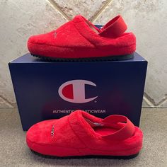 These Cozy Faux-Fur Slippers From Champion Will Stay On Your Feet, Thanks To The Convenient Backstrap, So You Can Feel Like You're Walking On Clouds All Day.Shoe Construction Eva Outsole Polyester Upper & Lining Shoe Details Spot Clean Slip-On Round Toe Mo51chxz Red Slip-on Slippers For Spring, Casual Orange Slip-on Slippers, Casual Red Non-slip Slippers, Red Comfortable Slip-on Slippers, Champion Shoes, Red Non-slip Indoor Slippers, Faux Fur Slippers, On Clouds, Fur Slippers