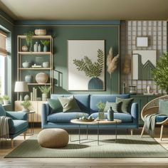 a living room with green walls and blue couches, coffee table, potted plants