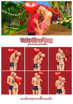 a man and woman are kissing in different poses with hearts on the chest, arms and legs