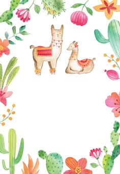 watercolor llamas surrounded by cacti and succulents