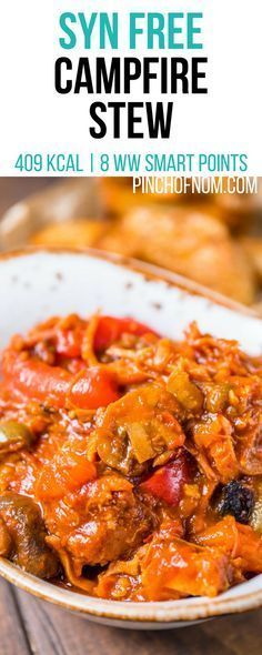 a white bowl filled with food and the words syn free campfire stew above it