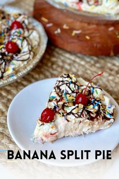 a slice of banana split pie with sprinkles and cherries on top