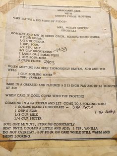 an old menu with instructions on it