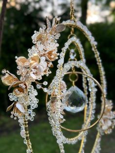 an image of some kind of jewelry hanging from a tree branch in the park or yard