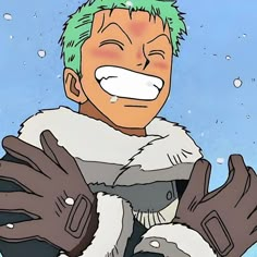 an anime character with green hair and gloves on, smiling at the camera while wearing winter clothes