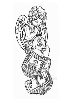 an angel sitting on top of stacks of money and holding a bag with dollar bills