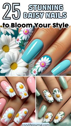 Daisy Acrylic Nails, Simple Spring Nails, Spring Acrylic Nails, Spring Nail Designs, Floral Nail Designs, Nude Nail Designs, White Petals, Blue Acrylic Nails