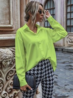 Green Shirt Outfits, Lime Green Shirts, Minimalist Blouse, Leather Blouse, Drop Shoulder Shirt, Coachella Dress, Summer Work Outfits, Plain Shirt, Solid Color Shirt