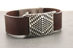 "Very cool psychedelic inspired leather bracelet. The split slider has a beautiful motif of simple design and powerful elegance. Great magnetic buckle clasp. For men or women. Available in black, brown, tan or dark green. ∆ return to shop all items: http://www.etsy.com/shop/amyfine ∆ ask me anything you like here: http://www.etsy.com/convo_new.php?to_username=amyfine ∆ \"OMG I got my jewelry last night and it's AMAZING. I love it so much. I am wearing one bracelet today. It is super awesome. I c Modern Adjustable Rectangular Leather Bracelet, Silver Clay, Bangle Silver, Leather Bangle, Bracelet Mens, Bracelet Leather, Unusual Jewelry, Leather Bracelets, Pink Jewelry