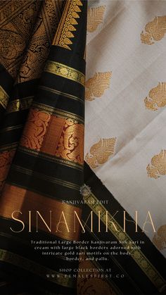 Whispers of Opulence: Introducing our handwoven Kanjivaram Silk sari in a timeless palette of cream with bold black borders, pallu, and blouse. Luxuriously adorned with motifs in 3g gold Jari and intricate details in maroon and green along the borders. Unfold the pallu, and a mesmerizing tale of intricate craftsmanship unfolds - Let every drape tell a story of grace and tradition. Maroon And Green, Black Borders, Traditional Aesthetic, Simple Saree Designs, New Saree Designs, Silk Saree Kanchipuram, Fashionable Saree Blouse Designs, Simple Sarees, Indian Dresses Traditional