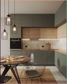 an image of a modern kitchen setting with dining table and chairs in the foreground