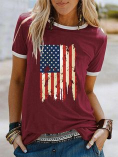 Fashion Women's Casual Print Short Sleeve T-Shirt Cheap Clothing, American Flag Print, Stitch Fix Stylist, Short Sleeve Pattern, Women T Shirts, Cheap Clothes, Summer Tops, Women's Casual, Cotton Style