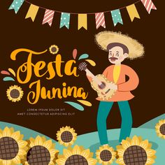 a man with a guitar and sunflowers in front of the words festajunna