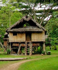 a small wooden house sitting in the middle of a lush green field next to trees