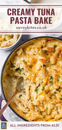 creamy tuna pasta bake in a skillet with a serving spoon on the side