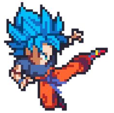 an image of a pixel art style character with blue hair holding a red object in her hand