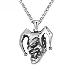 PRICES MAY VARY. DESIGN --- Mens joker skull necklace, the design of the two horns on the head is even more unique. Wearing this punk joker necklace will add a touch of charm to your Halloween costume, show your personality, let you attract more people's attention in the crowd, and get Good reviews from most people. SIZE --- The length of the vintage joker necklace is 23.6inch (60cm), and the pendant is 1.53* 1.49inch (39.1*38mm). The whole is well-made, the long chain is sturdy and durable, and Emo Streetwear Jewelry For Halloween, Gothic Jewelry For Biker Events And Halloween, Clown Demon, Joker Necklace, Edgy Anime, Steel Accessories, Vintage Hip Hop, Evil Clowns, Skull Necklace