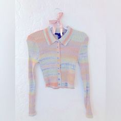 Pastel Ombr Collared Button Up Lightweight Ribbed Cardigan Sweater Size Large Cropped Cardigan Sweater, Ribbed Cardigan, Crop Sweater, Cropped Sweater, Cardigan Sweater, Sweater Cardigan, Sweater Sizes, Button Up, Sweaters For Women