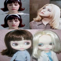 three pictures of two dolls and one is looking at the camera