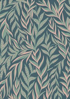 a green and pink wallpaper with leaves on it