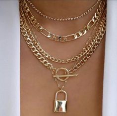 Gold Multilayered Lock Pendant Necklace  Type: Necklace Color: Gold Condition: New Material: Alloy Package Includes: Multi Necklaces Size:approx. Varies Danty Jewelry, Jewelry Guide, Jewlery Necklace, Moon Gold, Jewellery Bracelets, Flower Choker Necklace, Accessories Making, Making Necklaces, Jewelry Delicate