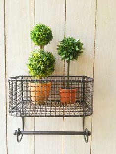 three potted plants are sitting in a wire basket on a wall mounted shelf with hooks