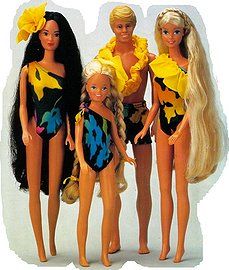 three barbie dolls are standing next to each other