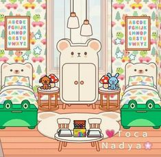 a cartoon bedroom with teddy bears and other toys