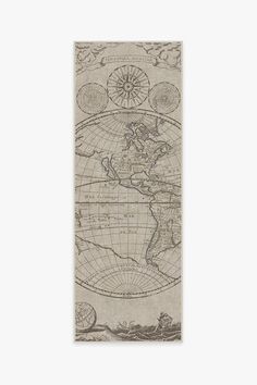 an old world map with the sun and moon in grey on parchment paper, hanging on a wall