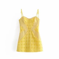 Fitting: Runs Small, Size UpLength: MiniSleeves: Sleeveless, Tied StrapsClosure: Zipper Brocade Pattern, Bow Style, Color Season, Heavy Industry, Spaghetti Strap Mini Dress, Lace Cutout, Mini Robes, Suspender Dress, Yellow Lace