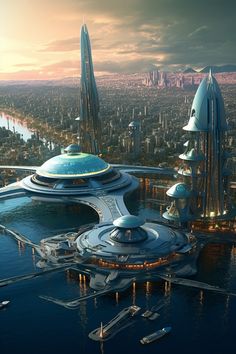 an artist's rendering of a futuristic city on the water with skyscrapers and boats