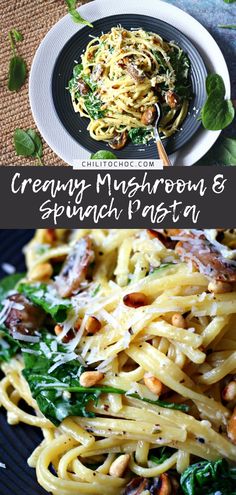 pasta with spinach, mushrooms and parmesan cheese in a black plate on a table