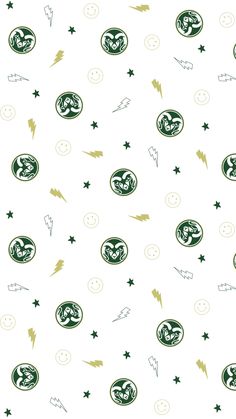 a white background with green and yellow lightnings, stars, and smiley faces on it