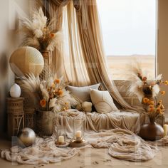 a living room filled with lots of furniture next to a large window covered in curtains