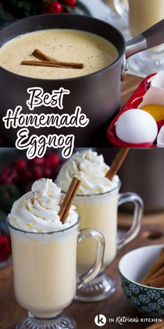 two mugs filled with homemade eggnog and topped with whipped cream, cinnamon sticks