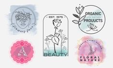 four stickers with flowers and plants on them, each one has an organic product