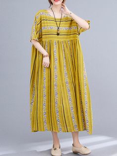 Sku CY-!89396 Material >70%Cotton Style Short Sleeves Feature Printed , Striped Neckline Round-neck Occasion Casual , Simple , Vintage Seasons Summer Type Midi Dresses Color YELLOW,BLUE Size FREE SIZE Please consult the size chart we provide for this item's measurements to help you decide which size to buy.Please note: There may be 1-3cm differ due to manual measurement.CMINCH Bust Hemline Length FREE SIZE 142 130 120 Yellow Relaxed Fit Dress For Summer, Yellow Cotton Dress Relaxed Fit, Yellow Cotton Dress With Relaxed Fit, Yellow Relaxed Fit Cotton Dress, Yellow Relaxed Fit V-neck Dress, Yellow V-neck Relaxed Fit Dress, Yellow Shift Casual Dress, Casual Yellow A-line Midi Dress, Casual Yellow A-line Dress