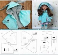 the sewing pattern for a doll's raincoat is shown with instructions to make it