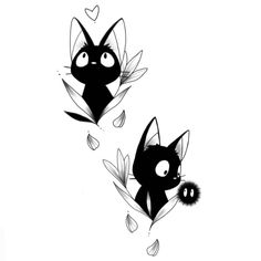 two black cats sitting next to each other on top of a white wall with hearts