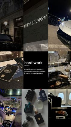 a collage of photographs with cars and other things in them, including an advertisement for saint laurent