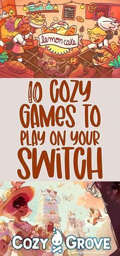 the front cover for cozy games to play on your switch, with an image of people in