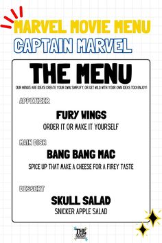 the menu for captain marvel's movie menu is shown in black and white colors