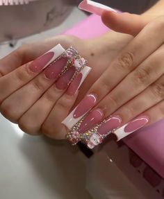 Pink Bling Acrylic Nails, Alien Nails, Future Nails, Pink Tip Nails, Acrylic Nails Nude, Ear Tattoos, Long Acrylic Nail Designs, White Acrylic Nails, Girly Acrylic Nails