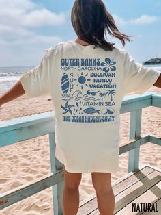 Get ready for your next beach vacation with our matching vacation t-shirts.  Customize your vacation shirts with your family name and location!  We use professional quality DGT printing on all our apparel. Direct-to-garment, or DTG, is a high quality printing method that sprays ink directly onto the garment so there is no peeling or cracking. This fabulous graphic will be printed on a Bella+Canvas Unisex Tee. Order your regular size for a slim fit and size up for an oversized fit. Please refer t Obx Family Vacation Shirts, Beach Shirt Aesthetic, Vacation Group Shirts, Cute Oversized Shirts Summer, White Relaxed Fit Camp Shirt For Vacation, Custom Print T-shirt For Beach Vacation, White Relaxed Fit Camp Shirt For The Beach, White Relaxed Fit Camp Shirt For Beach, White Tropical T-shirt For Beach Season